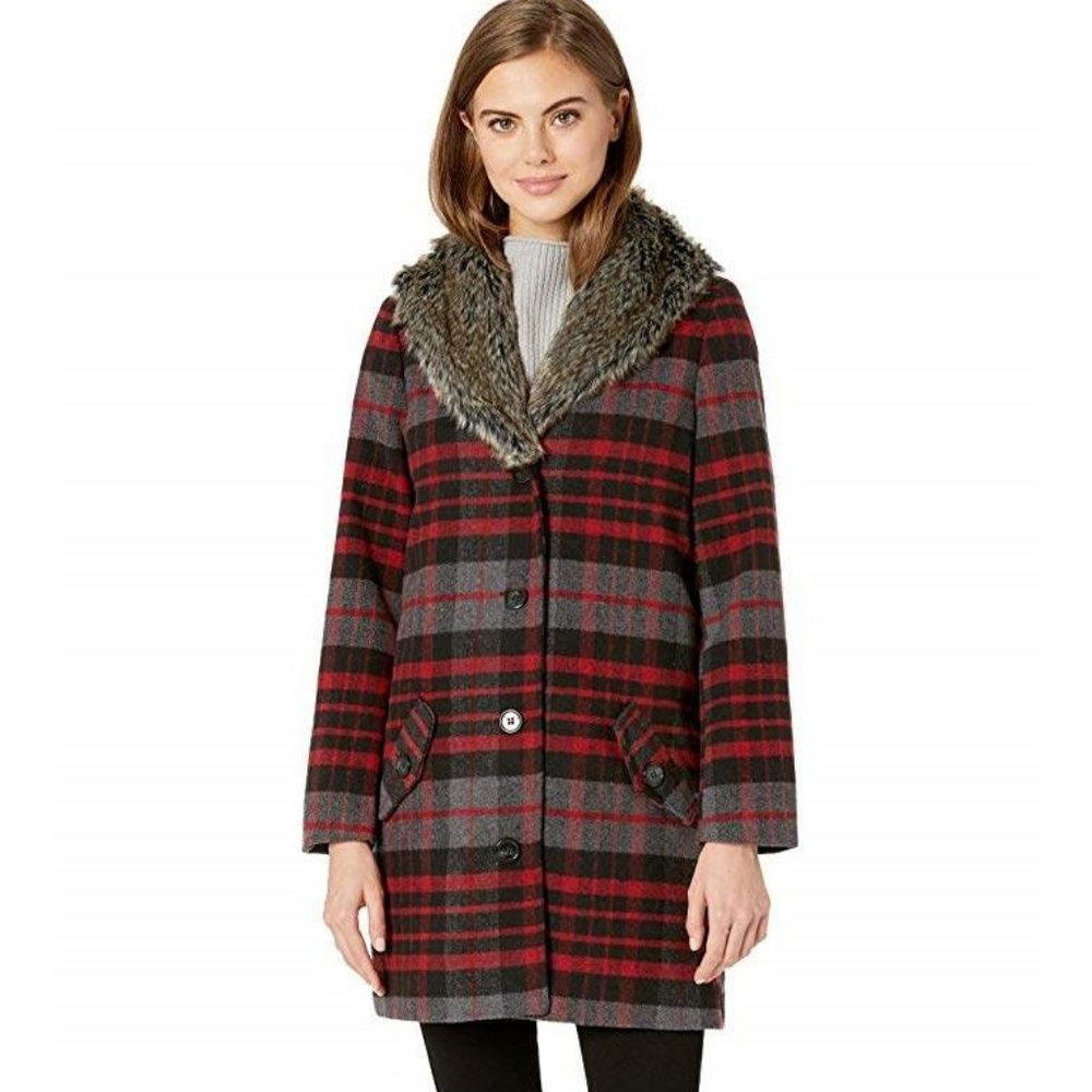Jack by BB Dakota Red and Black Plaid Coat with Faux Fur Collar